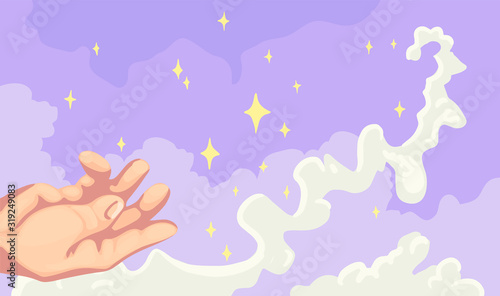 Child hand, the magical sky, the stars and fog. vector illustration