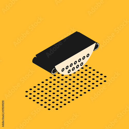 Isometric Kitchen colander icon isolated on yellow background. Cooking utensil. Cutlery sign. Vector Illustration