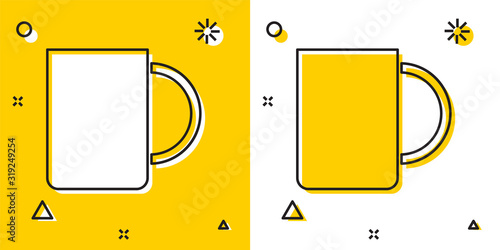 Black Coffee cup icon isolated on yellow and white background. Tea cup. Hot drink coffee. Random dynamic shapes. Vector Illustration