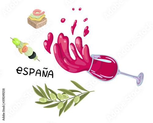 Wine and tapas, a splash of drinks in a wine glass. Symbols of food in Spain. Vector illustration