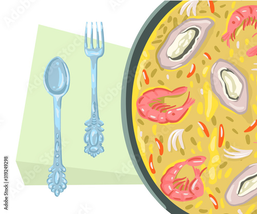 Traditional spanish seafood paella in pan rice, shrimps, mussels, spoon and fork beside. Top view. Vector drawing