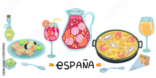 Jug and wine glass with sangria, paella and dinner in a cafe, tapas and cutlery. Vector illustration