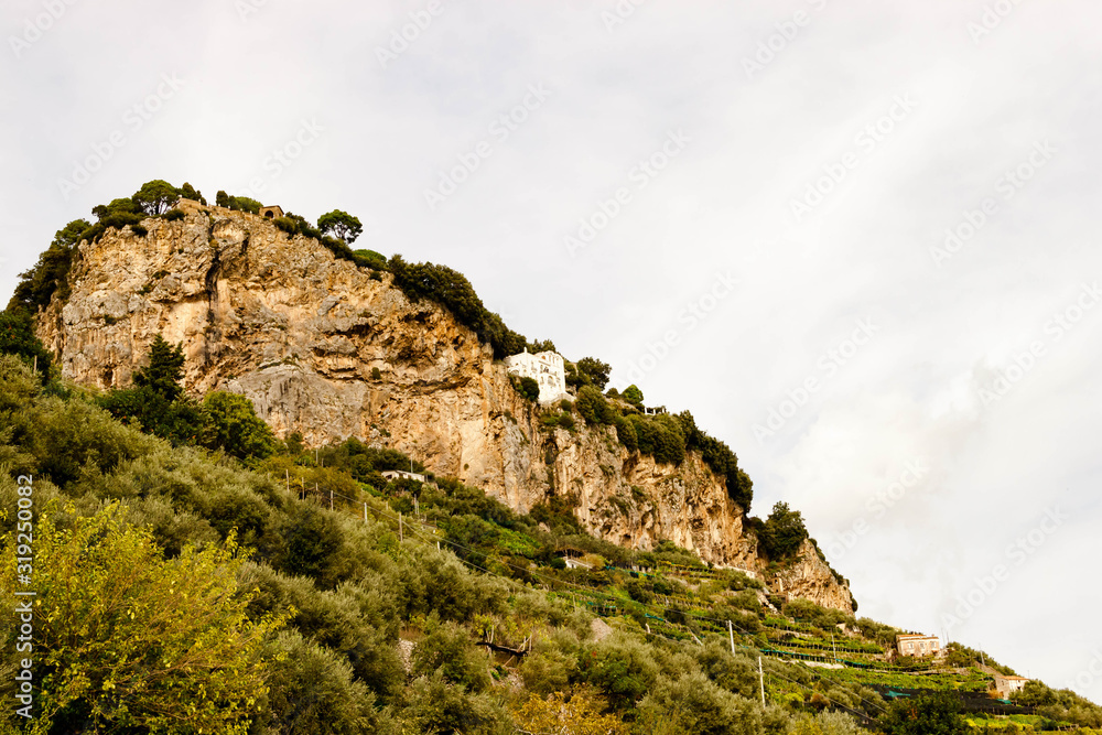 View to Villa Cimbrone, Ravello from Atrani, Amalfi Coast, Italy on natural background. Selective soft focus. Shallow depth of field. Text copy space. View to Villa Cimbrone, Ravello from Atrani, Amalfi Coast, Italy on natural background. Selective soft focus. Shallow depth of field. Text copy space.