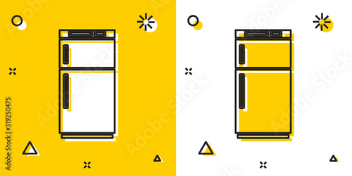 Black Refrigerator icon isolated on yellow and white background. Fridge freezer refrigerator. Household tech and appliances. Random dynamic shapes. Vector Illustration