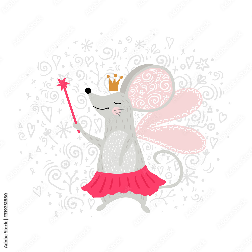Fairy mouse with magic wand. Can be used for t-shirt print, kids wear fashion design, baby shower invitation card.