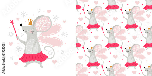 Seamless pattern Fairy mouse with magic wand. Can be used for t-shirt print, kids wear fashion design, baby shower invitation card.