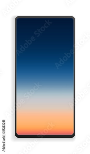 Free Download Vector realistic wide angle smartphone. Cell phone mockup. Blue aerial panoramic view of sunrise over ocean. Sunrise watercolor gradation background. - GFXLoad