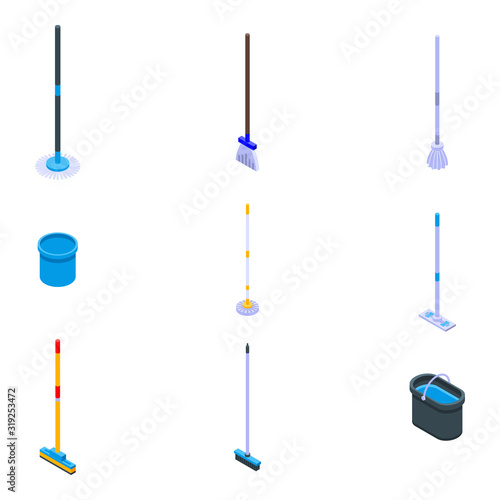 Mop icons set. Isometric set of mop vector icons for web design isolated on white background