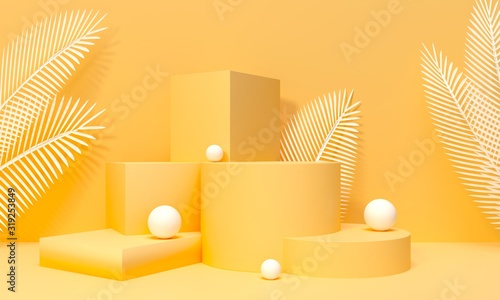 Pedestal and shelf. Palm trees leaves topical juicy. 3d render illustration. Podium steps for brand promotion product. Creative yellow background for advertising presentation. Stand base mockup photo