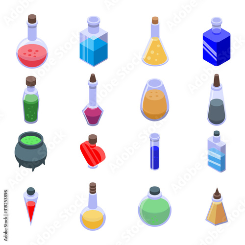 Potion icons set. Isometric set of potion vector icons for web design isolated on white background