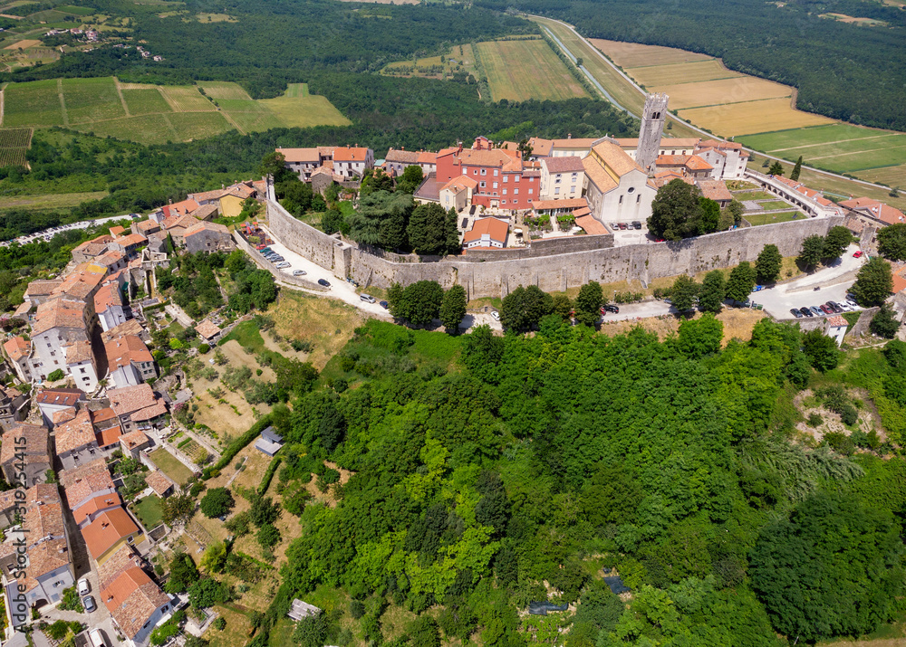 Aerial view of Motovun, a hilltop town in Istria, Croatia
