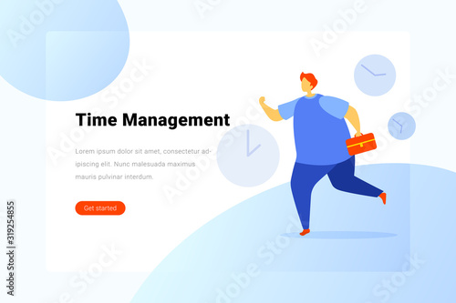 Fototapeta Naklejka Na Ścianę i Meble -  Man with Briefcase is Running with Clocks Time Management Flat vector illustration concept. Landing Page design template