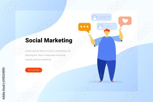 Man holding in hands Like and Chat icons Social Media Flat vector illustration. Landing Page design template