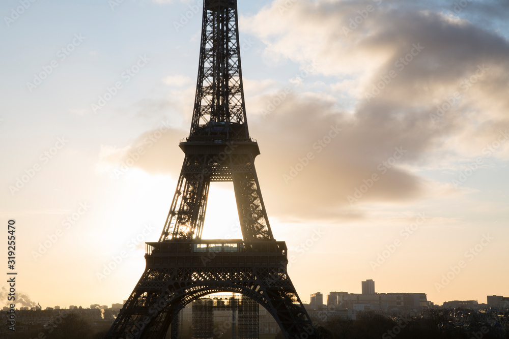 Backlit Eiffel Tower in Silhouette, Paris