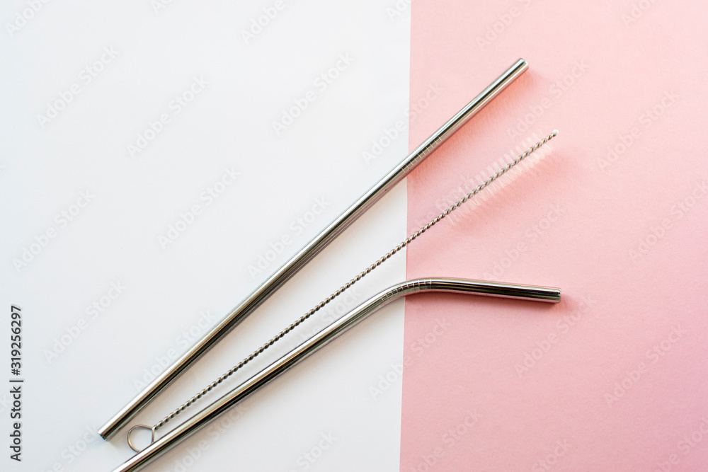 Reusable Metal Straws with Portable Case - Stainless Steel, Eco-Friendly Drinking Straw Set with Cleaning Brushes & Travel Bag. Anti-Scratch Stainless Steel Straw Set of 2. Pink and white background. Reusable Metal Straws with Portable Case - Stainless Steel, Eco-Friendly Drinking Straw Set with Cleaning Brushes & Travel Bag. Anti-Scratch Stainless Steel Straw Set of 2. Pink and white background.