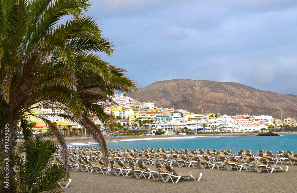 View of Las Vistas beach in Los Cristianos,Tenerife,Canary Islands, Spain.Playa de Las Vistas,Canaries.