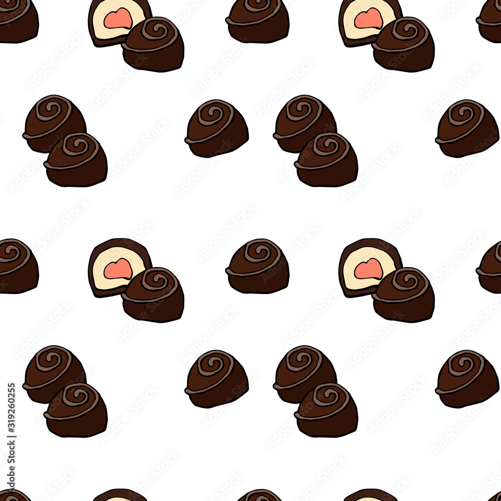 Fototapeta premium Chocolate candies seamless pattern background with sweet food desserts. Vector confectionery treats and snacks design.
