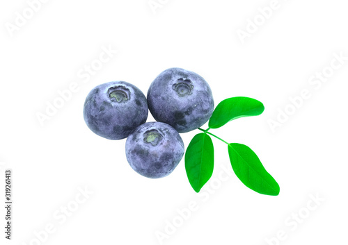 Three of blueburry fruit with green leaves. Isolated on white background with clipping path.