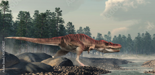 Tarbosaurus was a carnivorous theropod dinosaur, a type of tyrannosaur, it lived during the Cretaceous in Mongolia. Here shown by a rocky stream. 3D Rendering.
