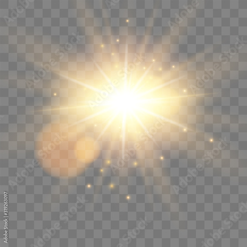 Light highlight yellow special effect with rays of light and magic sparkles. Sun Ray .