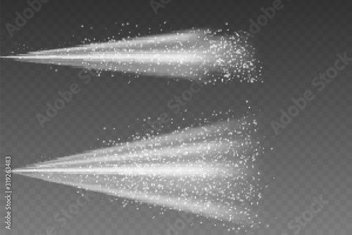 Water spray white smoke or fog dust and dots, mist of atomizer. Airy water spray mist vector set. Sprayer fog isolated on black transparent background.  3d elements vector illustration.