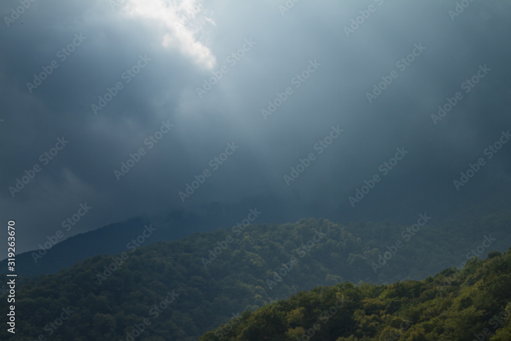 Stormy front on the peaks of the Caucasus Mountains, Abkhazia.