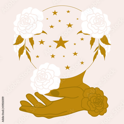 goldn hand, crystal globe and white flowers, vector ullustration photo
