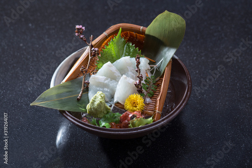 Hirame sashimi decorates in the dish