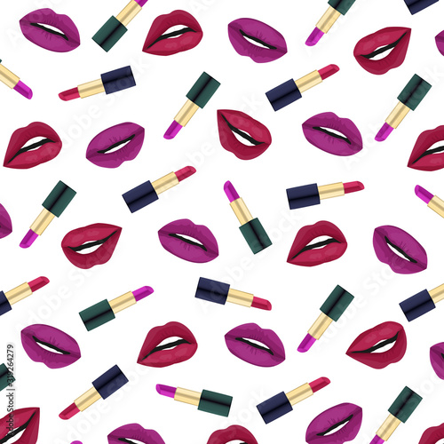 Pattern with pomades and lips. Fashion background
