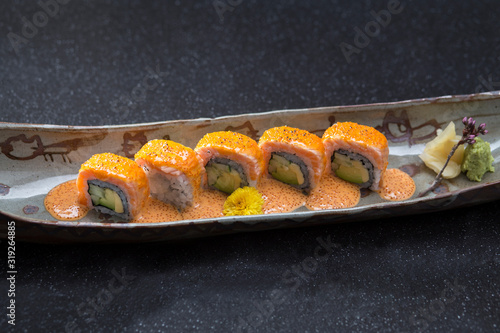 Salmon mentai maki roll Japanese food photo