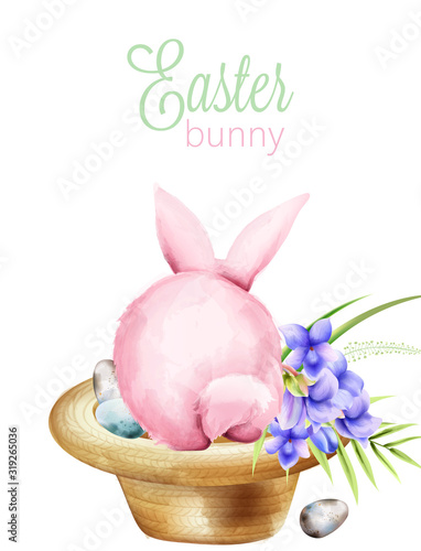 Pink watercolor fluffy easter bunny sitting on a hat with lily flowers and co...