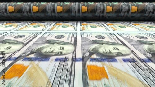 100 USA dollars banknotes are being printed by currency press machine. Animation showing a process of american money printing. Seamlessly looped video of money printing process.