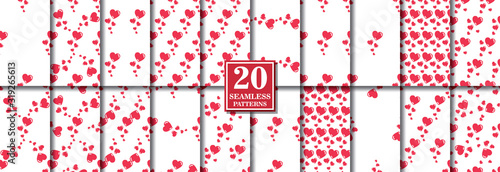 Set of 20 seamless heart shaped patterns. Design for Valentine's Day or another love romantic projects. Repeating vector illustration for wrapping paper, textile printing and greeting cards.