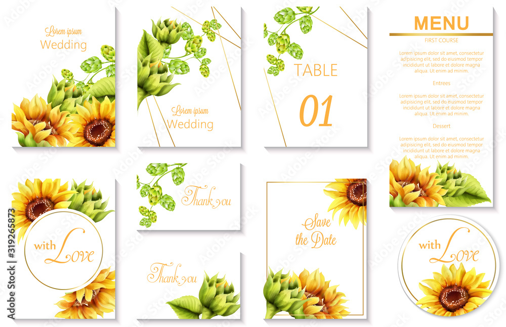 Watercolor spring wedding event invitation cards with green artichoke and sunflower