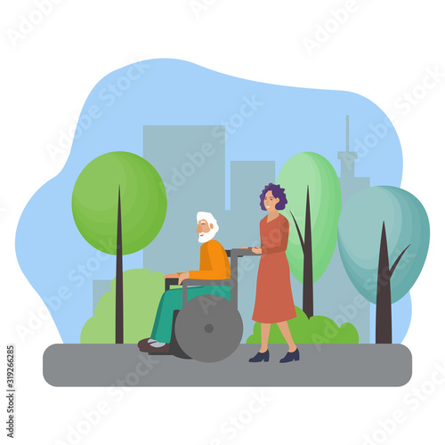 Vector illustration with a woman carer who walking with a wheelchair with an elderly man in the park in a big city. Help and care for pensioners and sick people. Carers Service