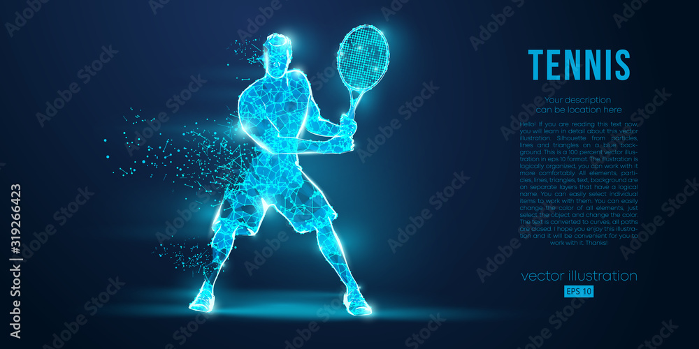 Fototapeta Abstract silhouette of a tennis player man, male, women, girl female from particles, lines, triangles. Tennis ball and tennis racket. Low poly neon wire outline geometric polygonal vector illustration