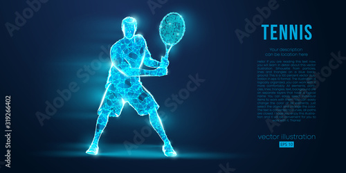 Abstract silhouette of a tennis player man, male, women, girl female from particles, lines, triangles. Tennis ball and tennis racket. Low poly neon wire outline geometric polygonal vector illustration