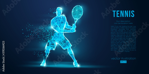 Abstract silhouette of a tennis player man, male, women, girl female from particles, lines, triangles. Tennis ball and tennis racket. Low poly neon wire outline geometric polygonal vector illustration