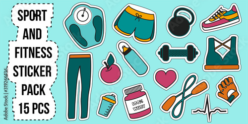Set of stickers of sports equipment and cloth. Vector illustrations