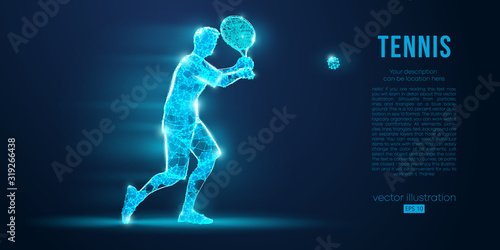 Abstract silhouette of a tennis player man, male, women, girl female from particles, lines, triangles. Tennis ball and tennis racket. Low poly neon wire outline geometric polygonal vector illustration