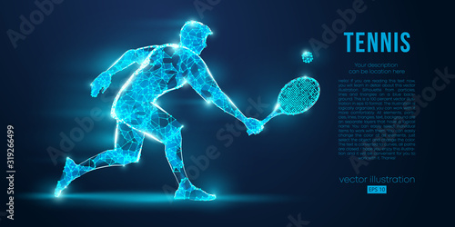 Abstract silhouette of a tennis player man, male, women, girl female from particles, lines, triangles. Tennis ball and tennis racket. Low poly neon wire outline geometric polygonal vector illustration