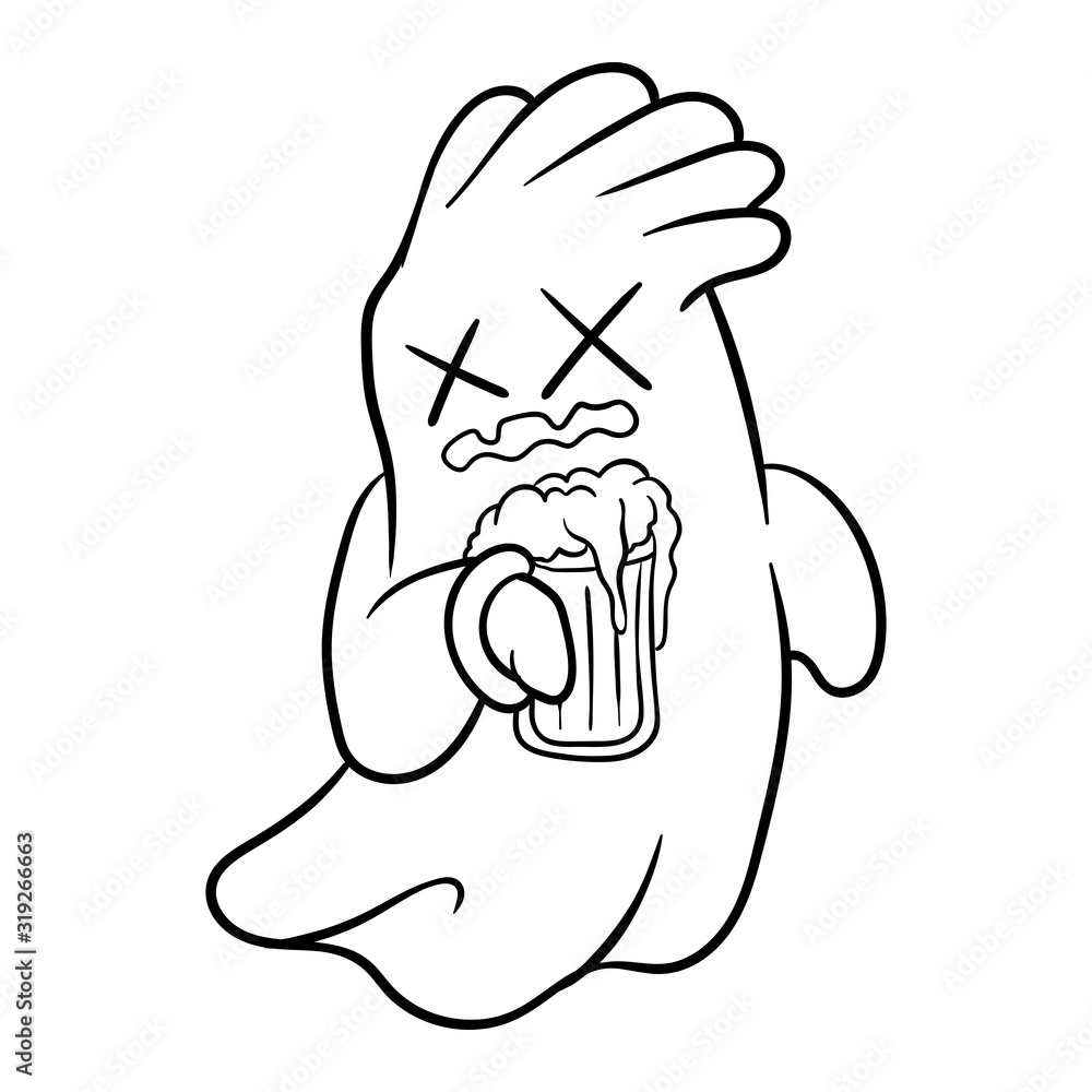 cute ghost with beer in hand line drawing cute ghost with beer in hand line drawing