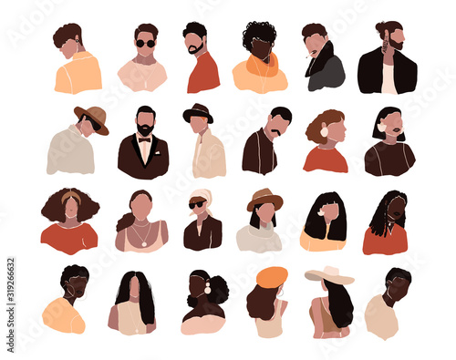 Set of abstract modern women men portraits isolated on white background. Fashion minimal trendy people faces in paper cut mosaic flat style. Vector hand drawn doodle illustration avatars