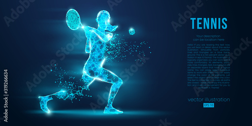 Abstract silhouette of a tennis player man  male  women  girl female from particles  lines  triangles. Tennis ball and tennis racket. Low poly neon wire outline geometric polygonal vector illustration