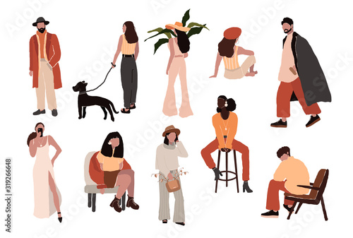 Set of stylish young women men in trendy clothes outfits doing everyday things routine taking selfie, sitting in chair, walking with dog, talking on phone. Vector illustration in hand drawn flat style