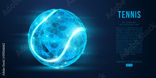 Abstract silhouette of a tennis ball from particles, lines, triangles. Tennis ball and tennis racket. Low poly neon wire outline geometric polygonal vector illustration