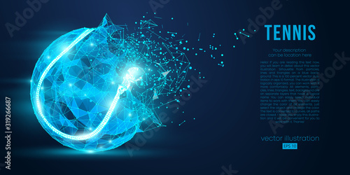 Abstract silhouette of a tennis ball from particles, lines, triangles. Tennis ball and tennis racket. Low poly neon wire outline geometric polygonal vector illustration