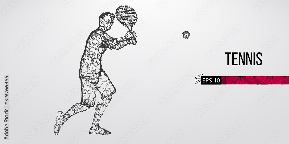 Abstract silhouette of a tennis player man, male, women, girl female from particles, lines, triangles. Tennis ball and tennis racket. Low poly neon wire outline geometric polygonal vector illustration Abstract silhouette of a tennis player man, male, women, girl female from particles, lines, triangles. Tennis ball and tennis racket. Low poly neon wire outline geometric polygonal vector illustration