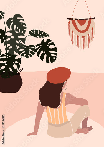 Abstract modern woman sitting on floor in room with monstera pot, macrame on wall. Trendy art minimal background poster wall art print. Vector illustration in hand drawn flat style