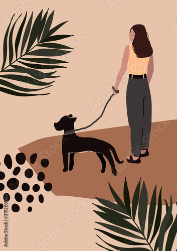 Abstract modern woman in fashion trendy clothes walking on street with dog. Trendy art minimal background poster wall art print. Vector illustration in hand drawn flat style